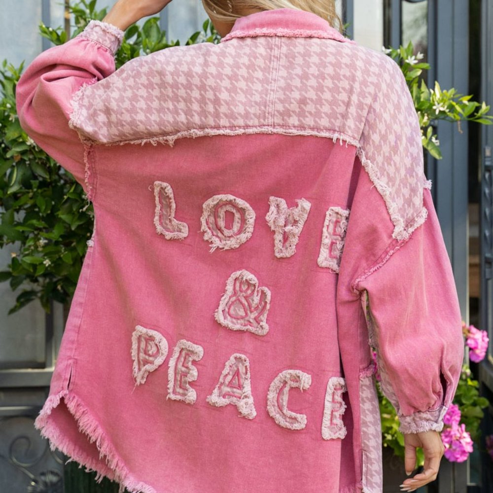 Patchwork Peace and Love Denim Jacket - Peony Flower